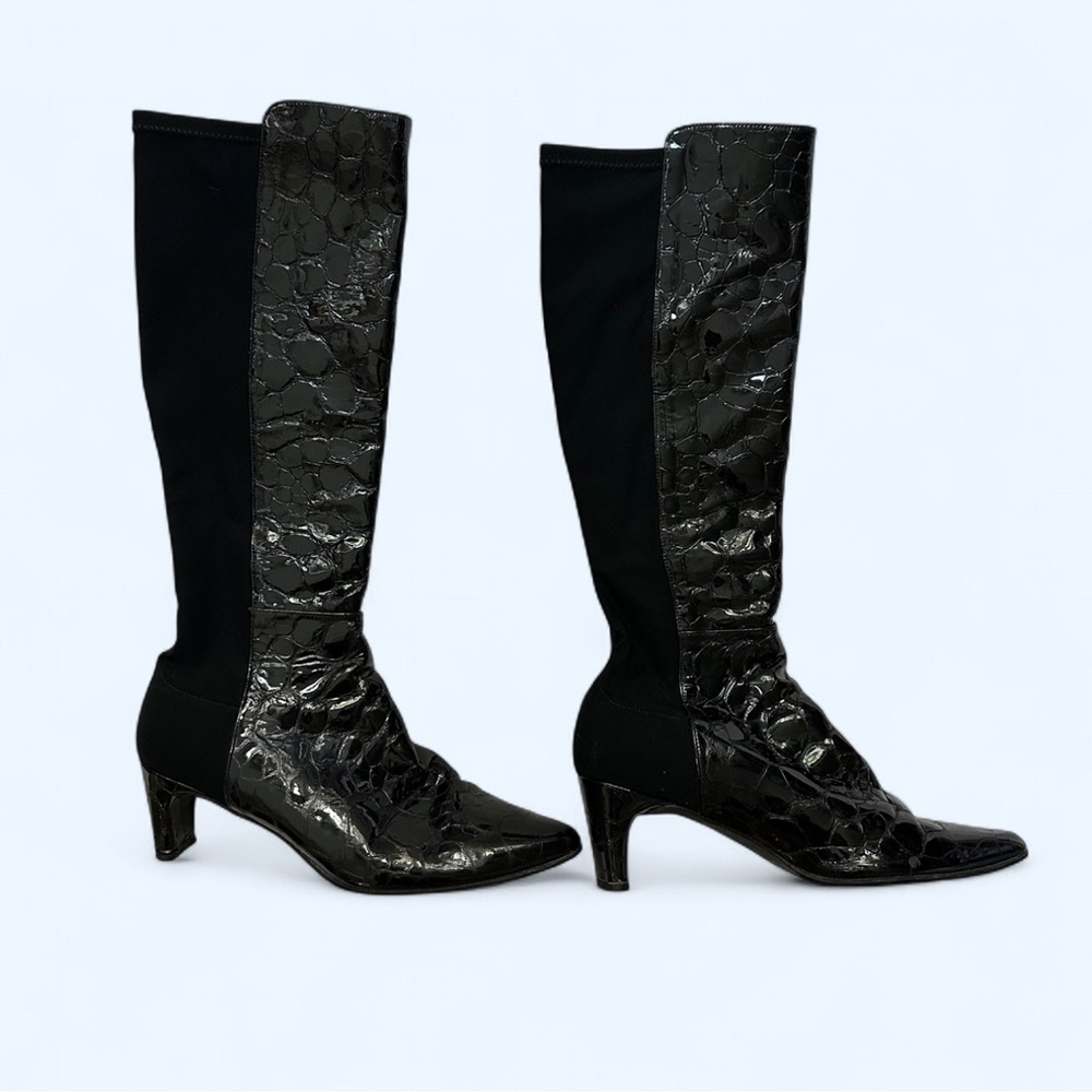 Stuart Weitzman Croc Embossed 50/50 Black Patent Leather Heel Boot Size 7.5